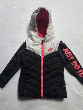 Nike Kids 4T Puffer Jacket Fleece Lined Hooded Black Pink Just Do It